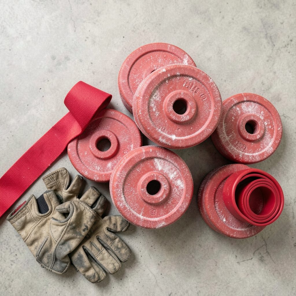 Overhead flat-lay photograph of chalk-dusted barbell plates stacked together beside worn workout gloves and a red resistance band, warm grey concrete background