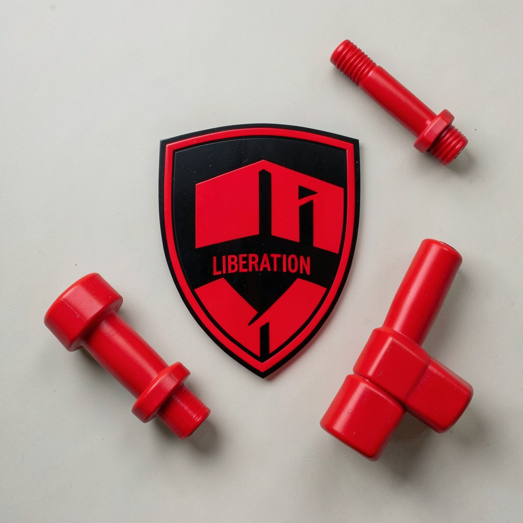 Liberation Barbell shield logo in red and black