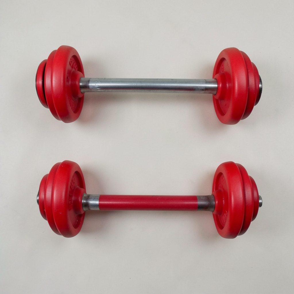Overhead flat-lay of a barbell, weight plates, and chalk on a dark gym floor in deep red and black tones